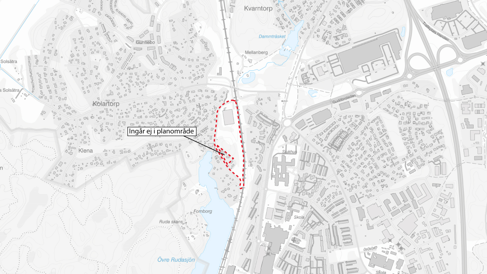 Kartbild över Handen med planområdet markerat med röd streckad linje. Del som inte ingår i planområdet är även markerat.