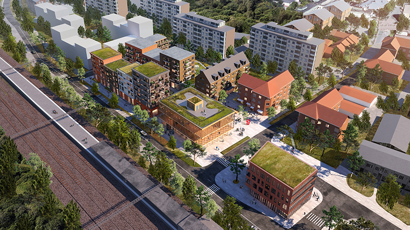 Visionsbild Södra kvarteren i fågelperspektiv sett från pendeltågsstationen i söder